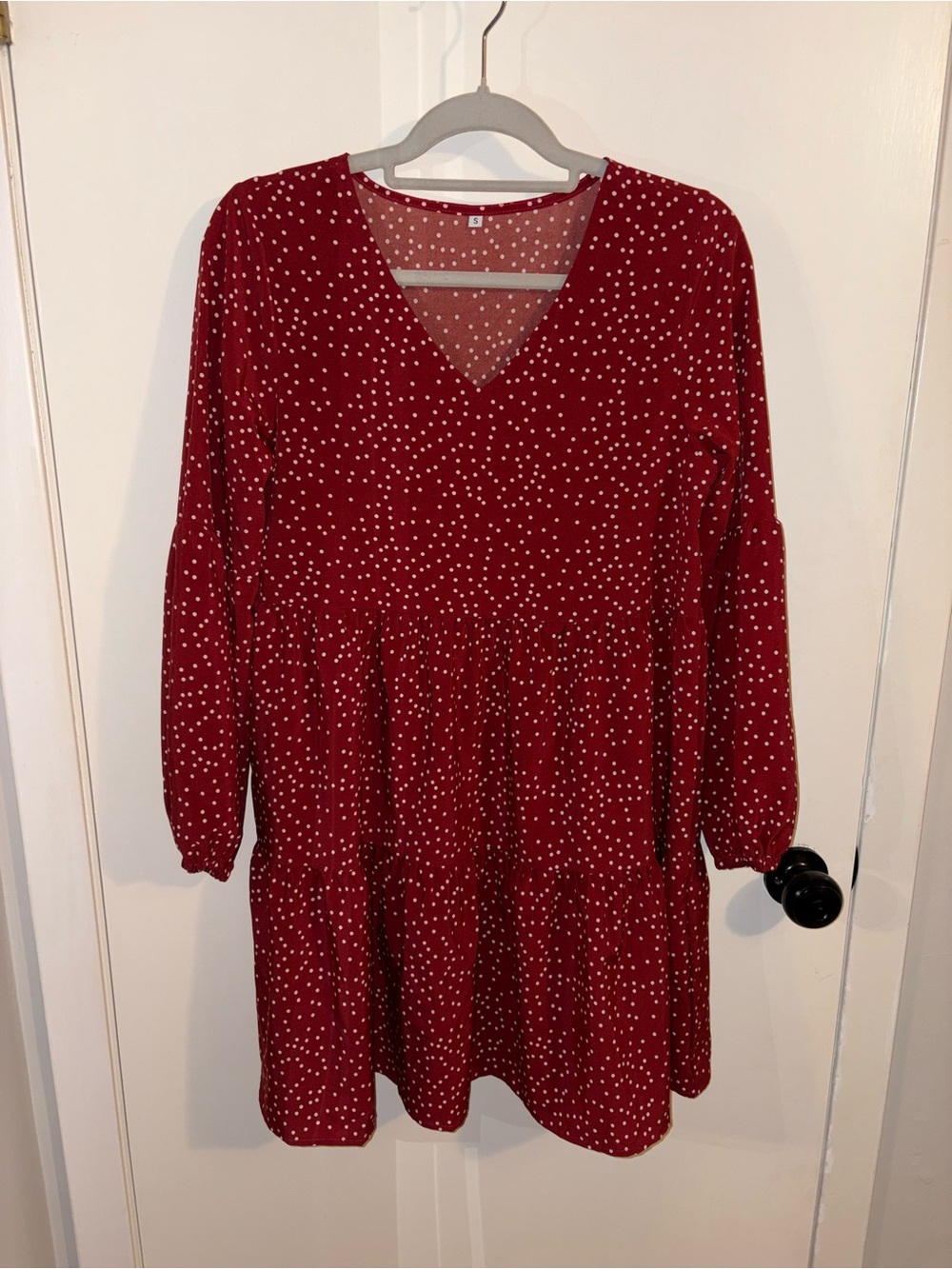 Red V-Neck Polka Dot Tiered Dress